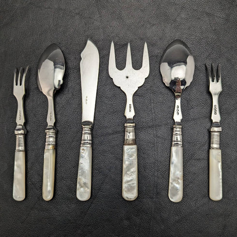 British vintage silver plate dessert cutlery set white butterfly shell handle